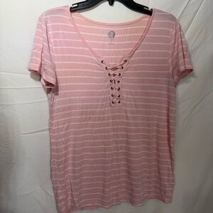 SO Pink & White Striped Lace-Up Short Sleeve Top Soft Relaxed Fit Size Small